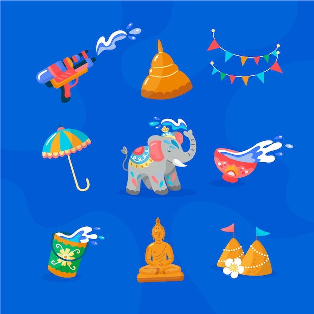 Colección de elementos planos para la celebración del festival del agua de songkran