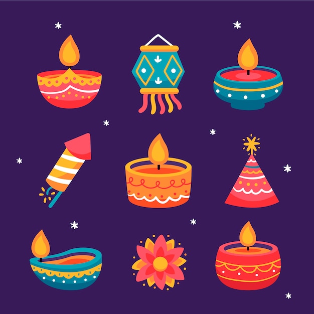Colección de elementos planos para la celebración del festival hindú de diwali.
