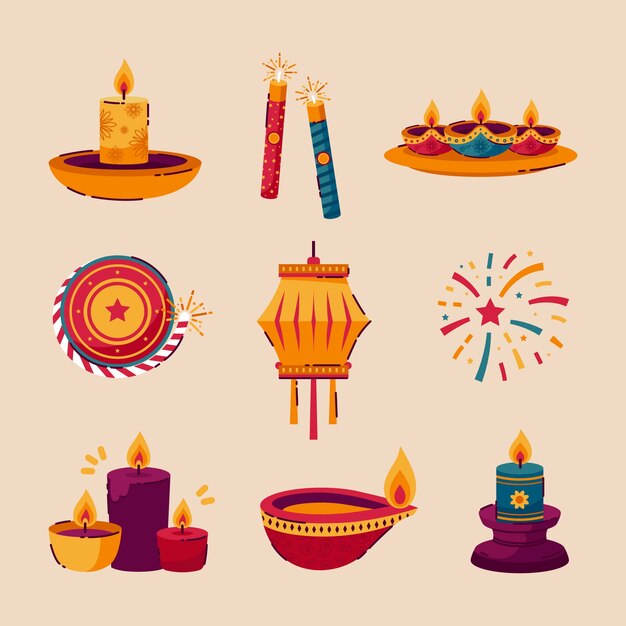 Colección de elementos planos para la celebración del festival hindú de diwali.