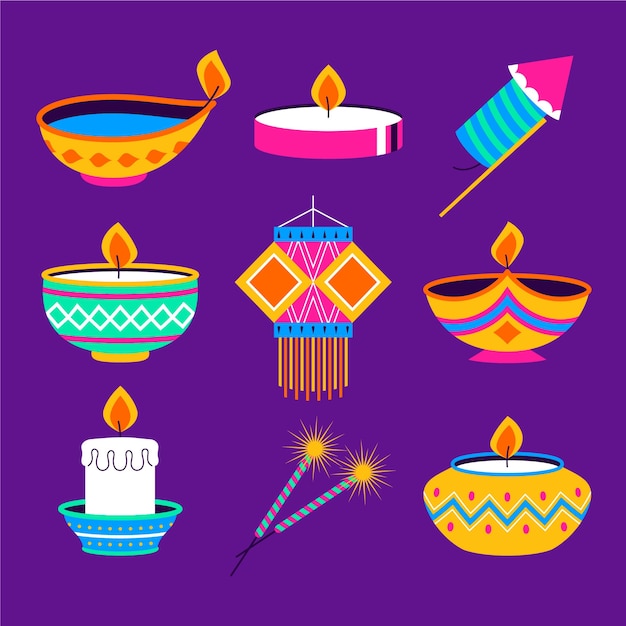 Colección de elementos planos para la celebración del festival hindú de diwali.