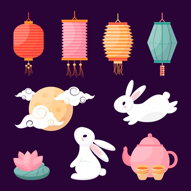 Colección de elementos planos para la celebración del festival del medio otoño