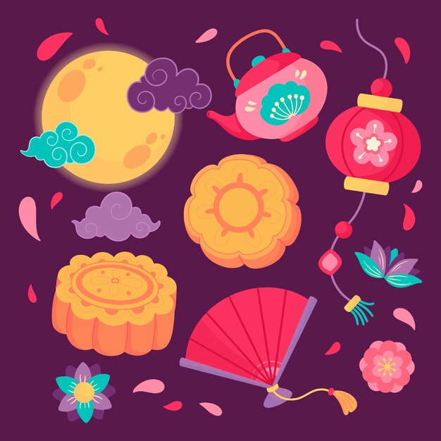Colección de elementos planos para la celebración del festival del medio otoño
