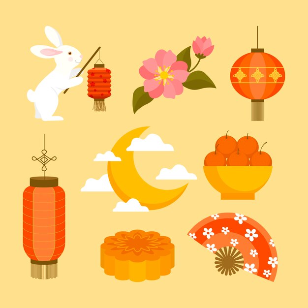 Colección de elementos planos para la celebración del festival del medio otoño