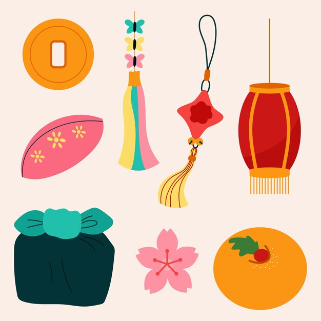 Colección de elementos planos para la celebración del festival seollal