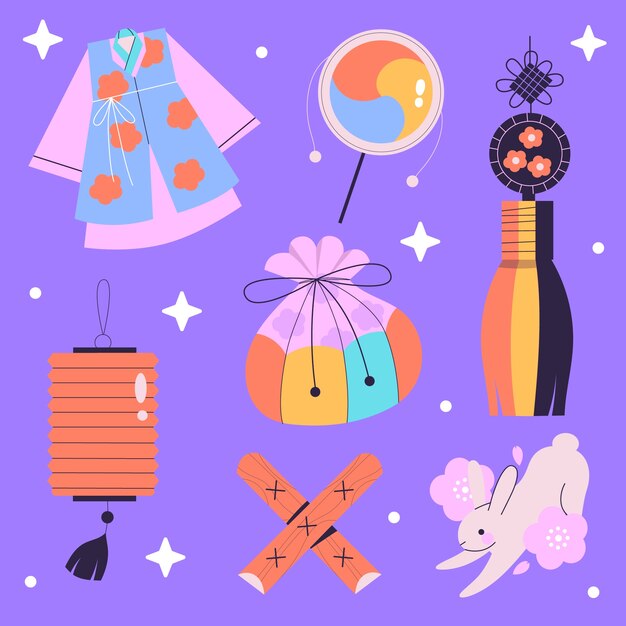 Colección de elementos planos para la celebración del festival seollal
