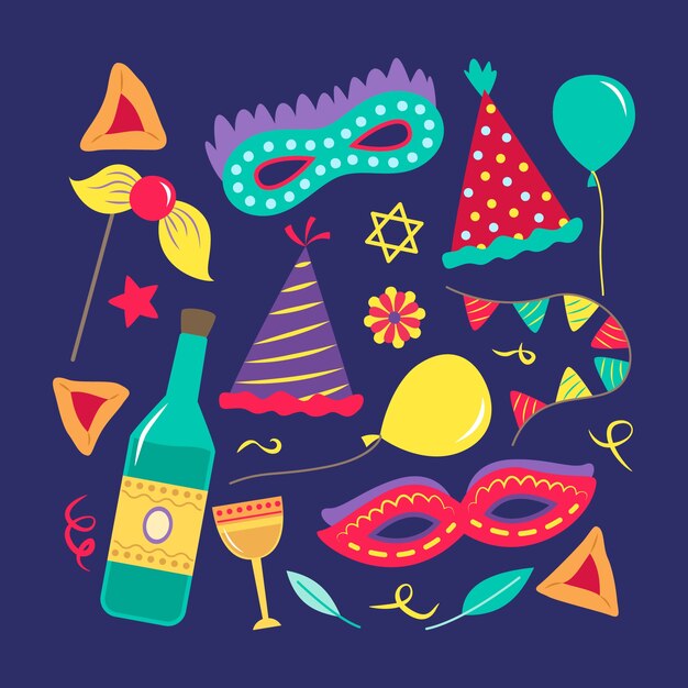 Colección de elementos planos para la celebración de la festividad de purim