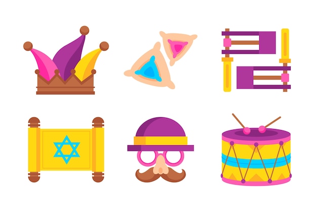 Vector gratuito colección de elementos planos para la celebración de la festividad de purim