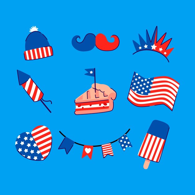 Colección de elementos planos para la celebración navideña del 4 de julio en estados unidos