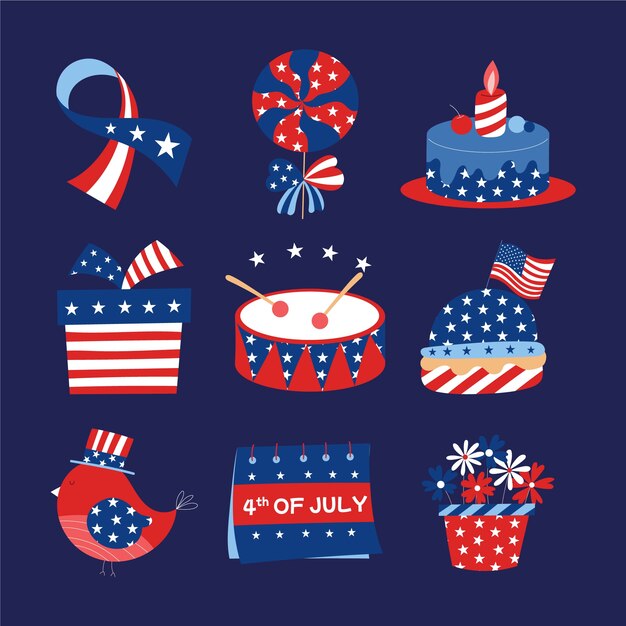 Colección de elementos planos para la celebración navideña del 4 de julio en estados unidos