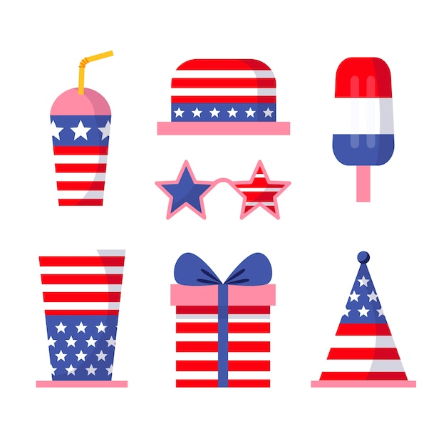 Colección de elementos planos para la celebración navideña del 4 de julio en estados unidos