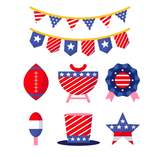 Colección de elementos planos para la celebración navideña del 4 de julio en estados unidos