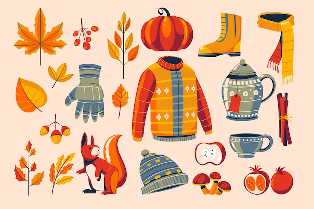 Colección de elementos planos para celebración de otoño