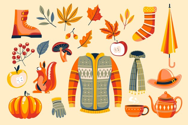 Colección de elementos planos para celebración de otoño