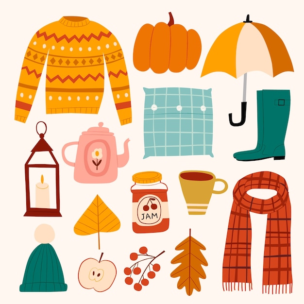 Colección de elementos planos para la celebración de la temporada de otoño