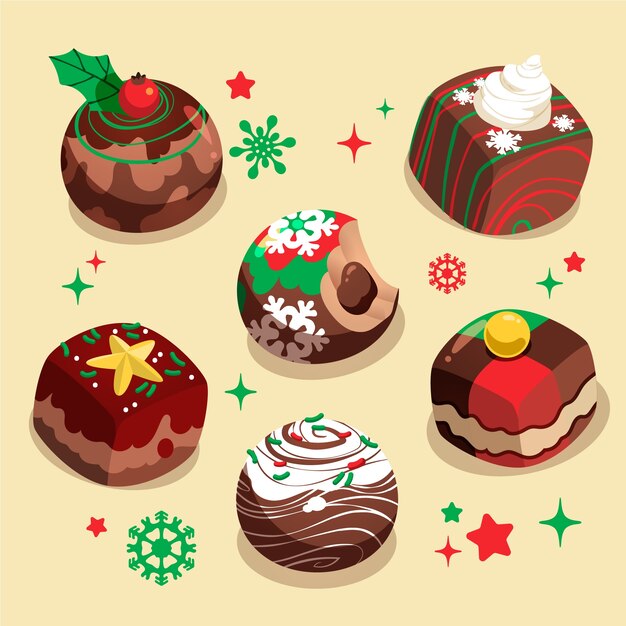 Colección de elementos planos de chocolates navideños