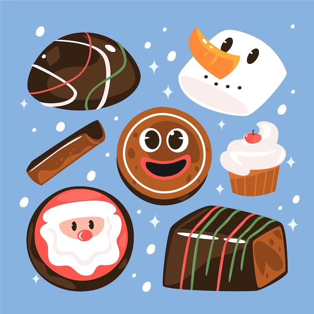 Colección de elementos planos de chocolates navideños