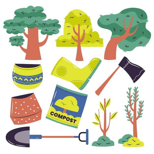 Colección de elementos planos del día del árbol