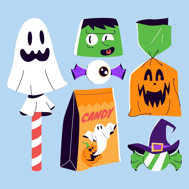 Colección de elementos planos de dulces de halloween