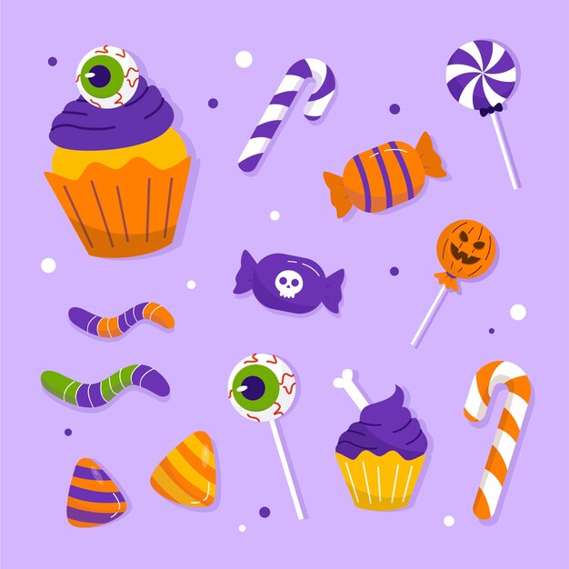 Colección de elementos planos de dulces de halloween