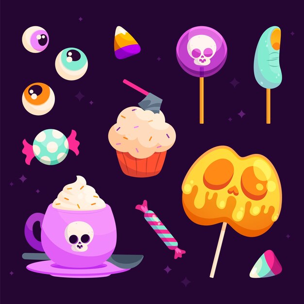Colección de elementos planos de dulces de halloween