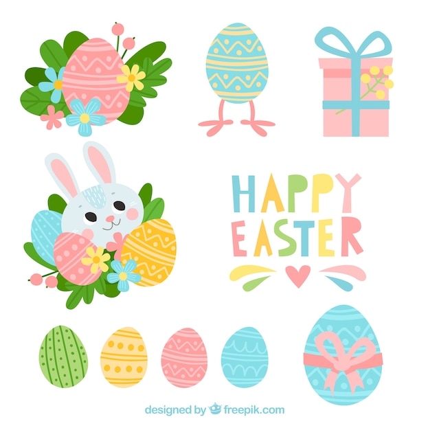 Vector gratuito colección de elementos planos de feliz pascua