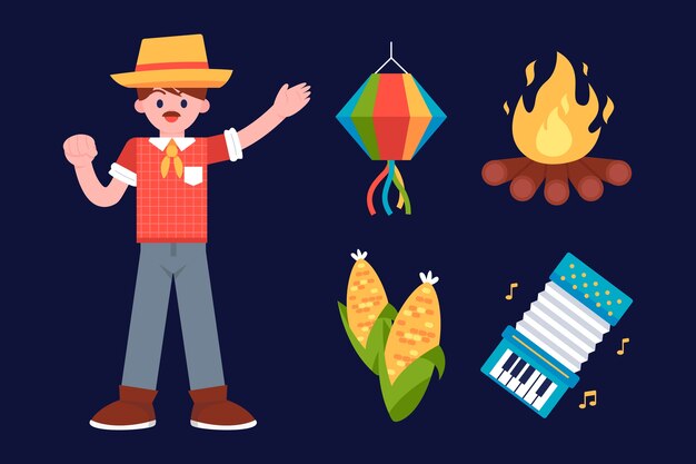 Colección de elementos planos de festas juninas