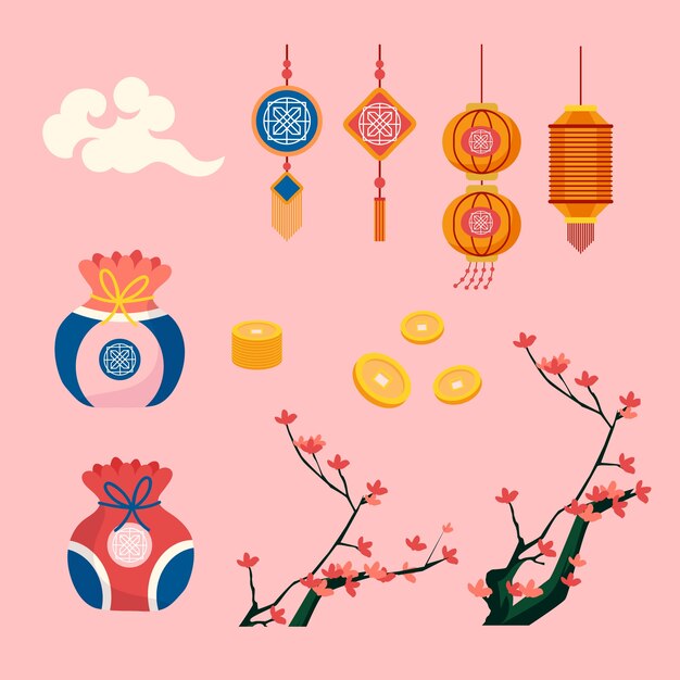 Colección de elementos planos para el festival coreano de seollal