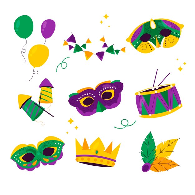 Colección de elementos planos para el festival de mardi gras
