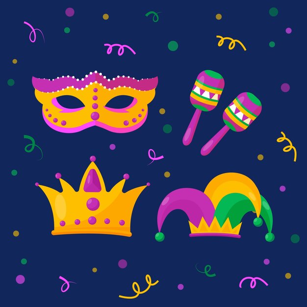 Colección de elementos planos para el festival de mardi gras