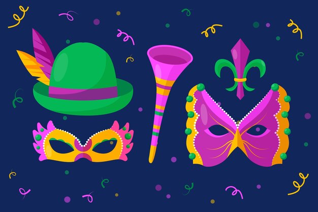 Vector gratuito colección de elementos planos para el festival de mardi gras