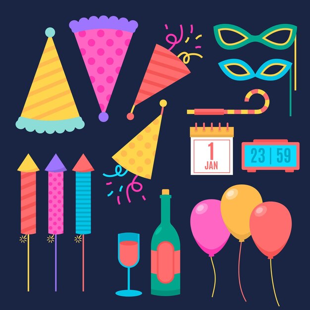 Colección de elementos planos de fiesta de año nuevo