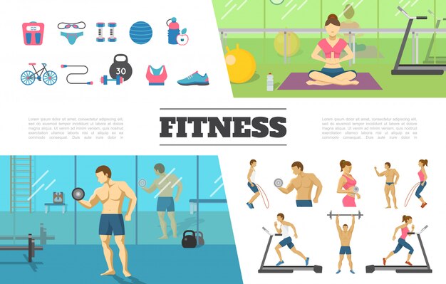 Colección de elementos planos de fitness con hombre y mujer haciendo ejercicios físicos en el peso de la bicicleta de la botella de pesas de gimnasia de bola de ropa deportiva de escala de gimnasio