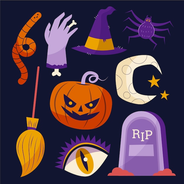 Vector gratuito colección de elementos planos de halloween dibujados a mano