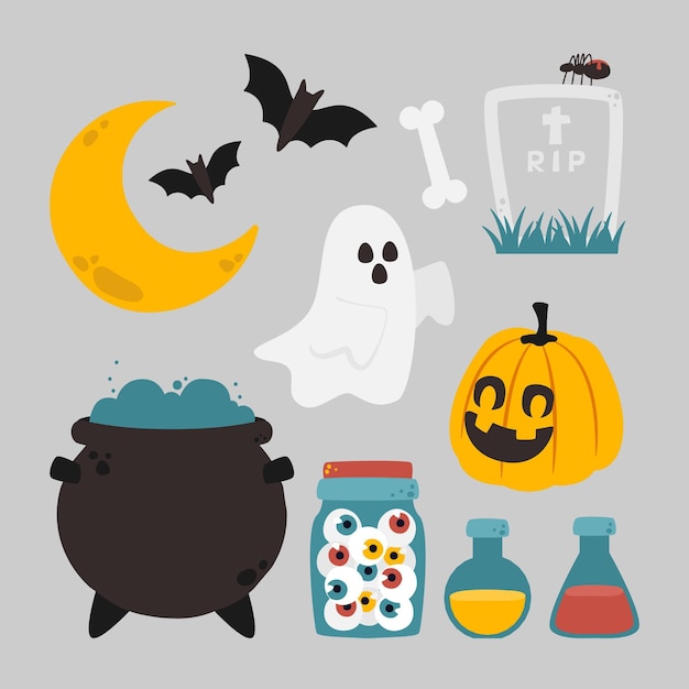 Colección de elementos planos de halloween dibujados a mano