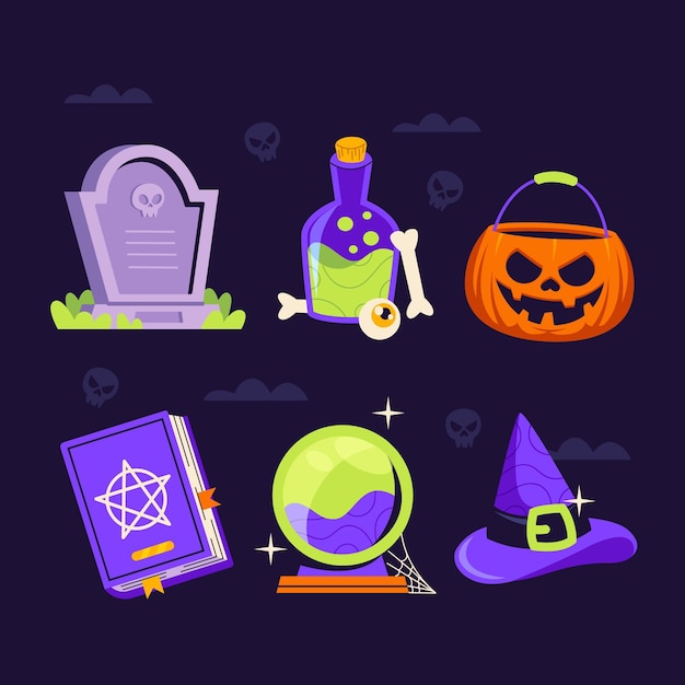 Vector gratuito colección de elementos planos de halloween dibujados a mano