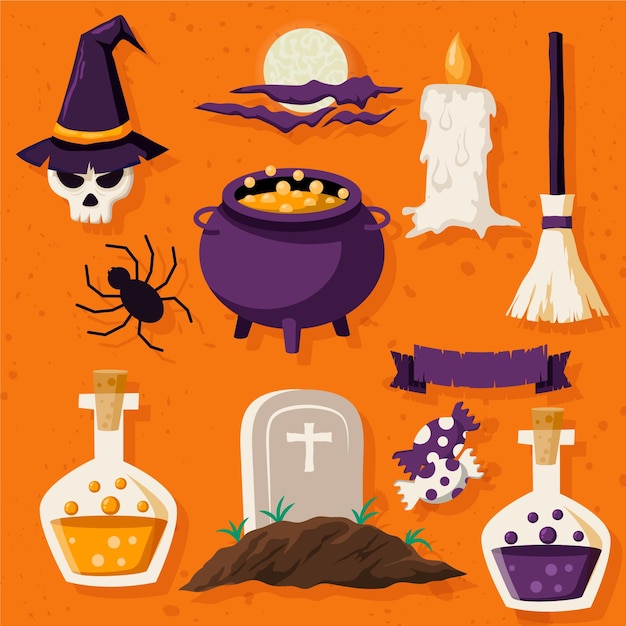 Colección de elementos planos de halloween dibujados a mano