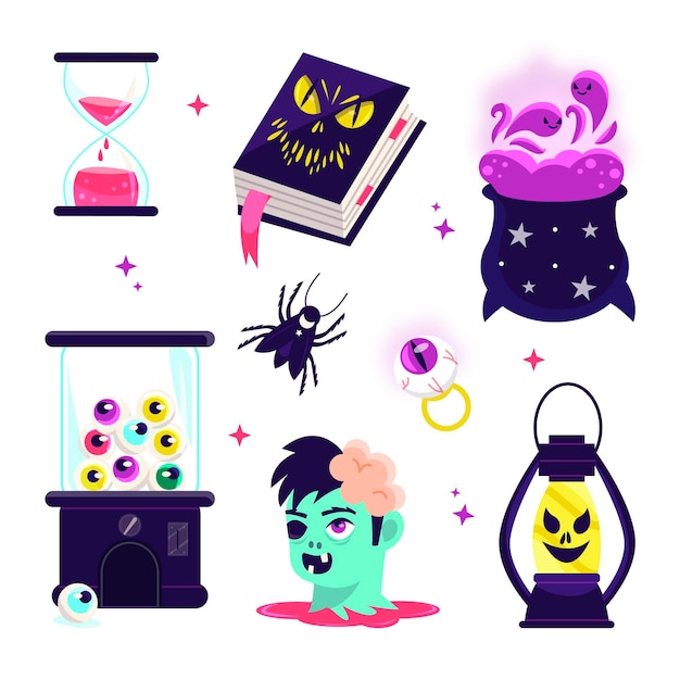 Vector gratuito colección de elementos planos de halloween dibujados a mano