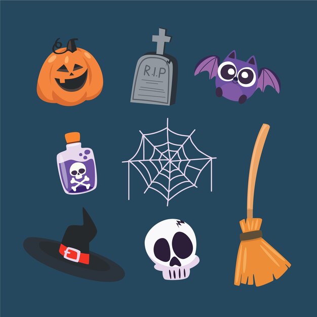 Colección de elementos planos de halloween dibujados a mano
