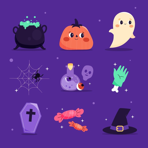 Colección de elementos planos de halloween dibujados a mano