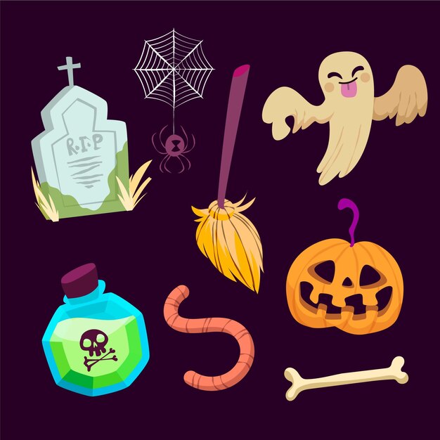 Colección de elementos planos de halloween dibujados a mano