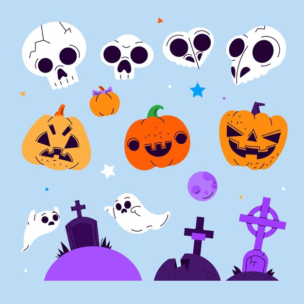 Colección de elementos planos de halloween dibujados a mano