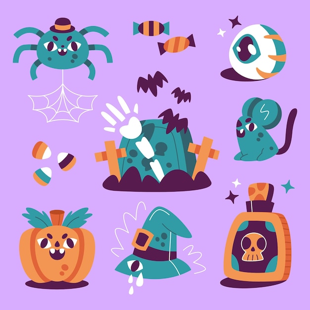 Vector gratuito colección de elementos planos de halloween dibujados a mano