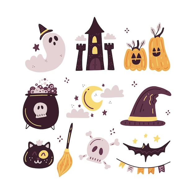 Colección de elementos planos de halloween dibujados a mano