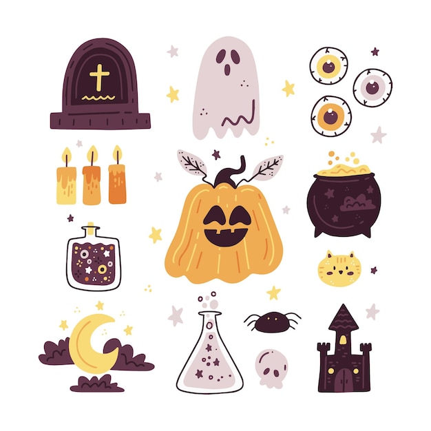 Colección de elementos planos de halloween dibujados a mano