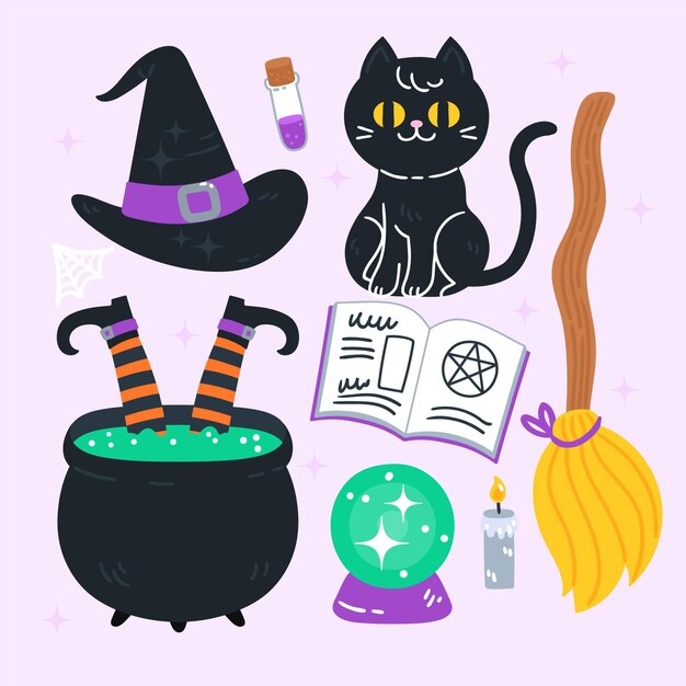 Colección de elementos planos de halloween dibujados a mano