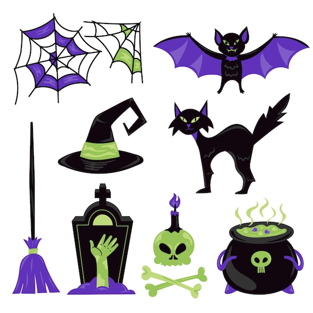 Colección de elementos planos de halloween dibujados a mano