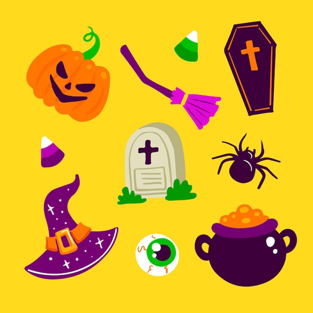 Colección de elementos planos de halloween dibujados a mano