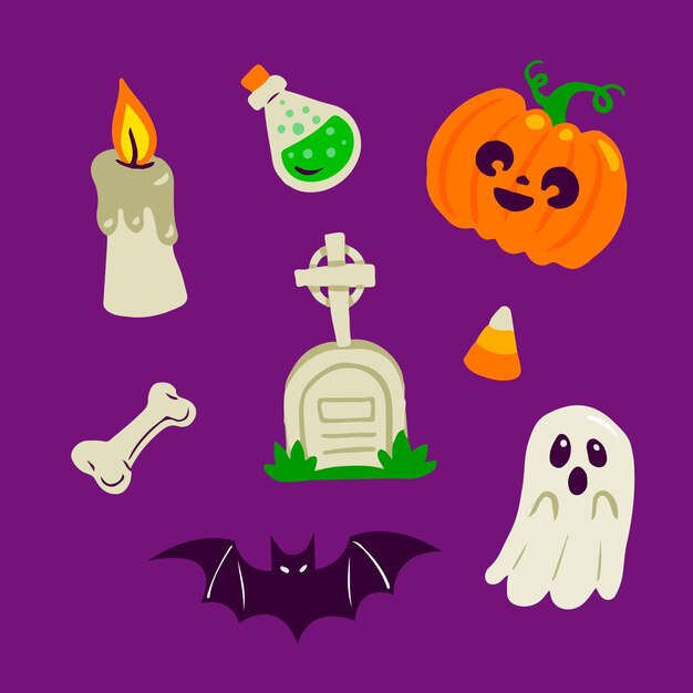Colección de elementos planos de halloween dibujados a mano