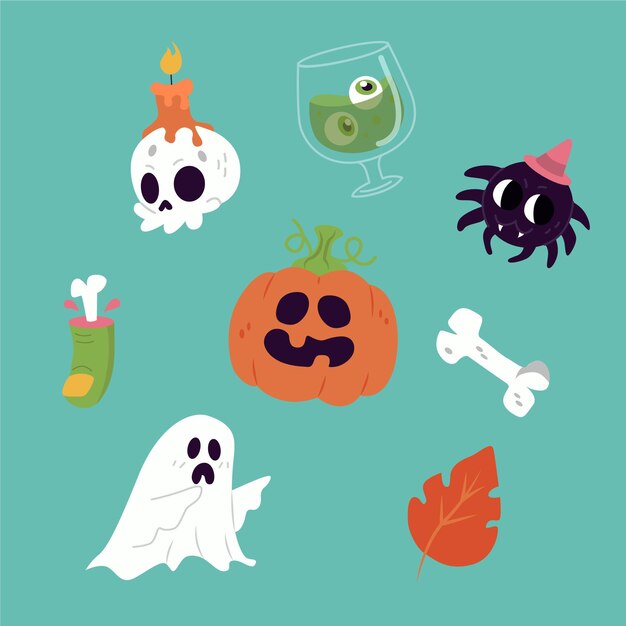 Colección de elementos planos de halloween dibujados a mano