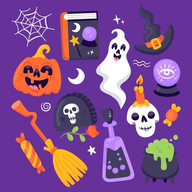 Colección de elementos planos de halloween dibujados a mano